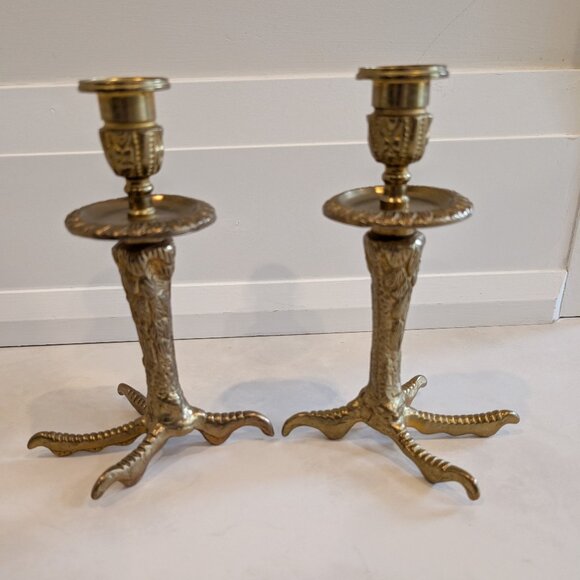Vintage Ornate Brass Birds Feet / Turkey Feet / Claw Feet Candlestick Holders - Picture 3 of 7